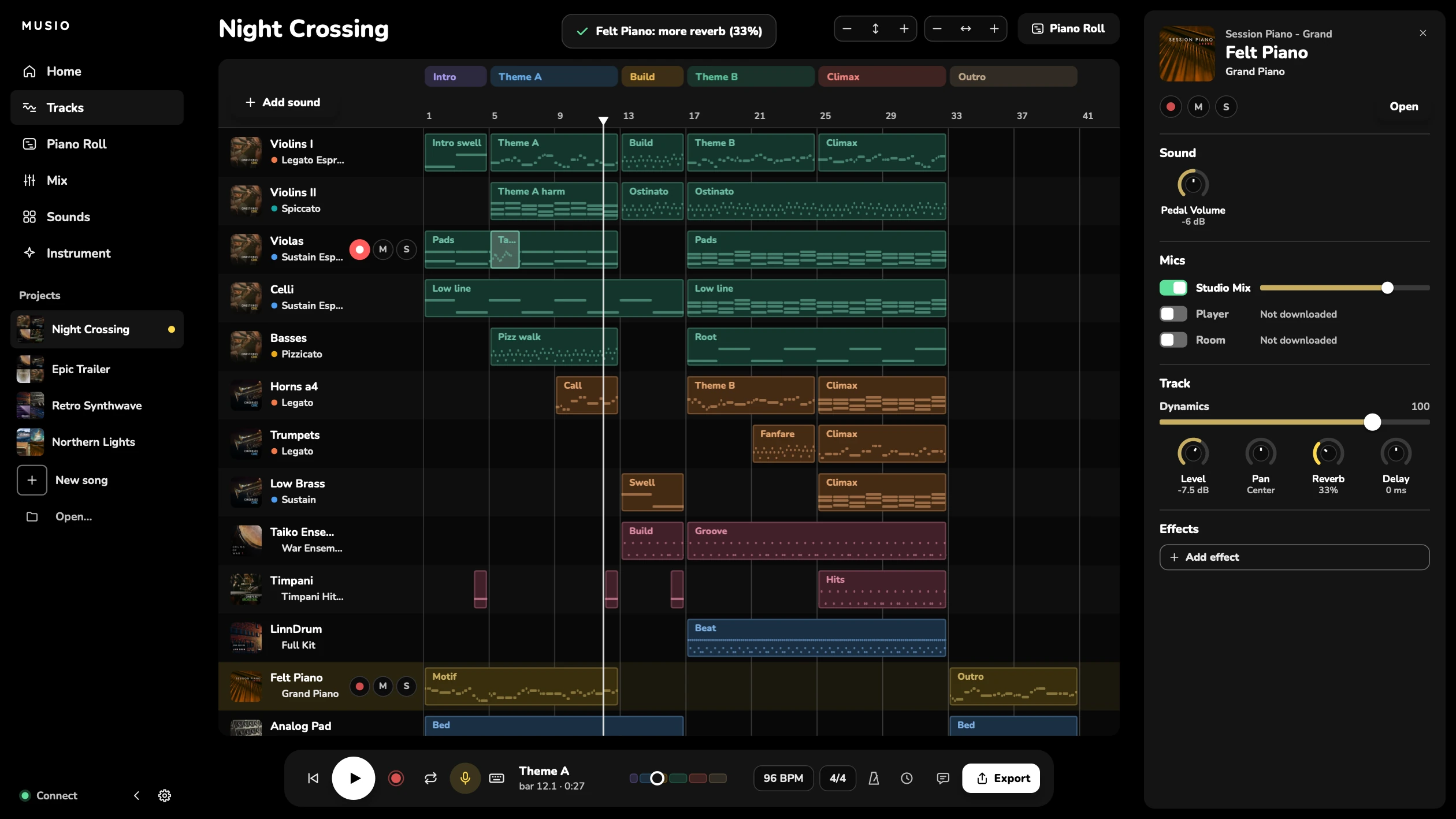 Musio Studio Song view showing the result “Felt Piano: more reverb (33%)”