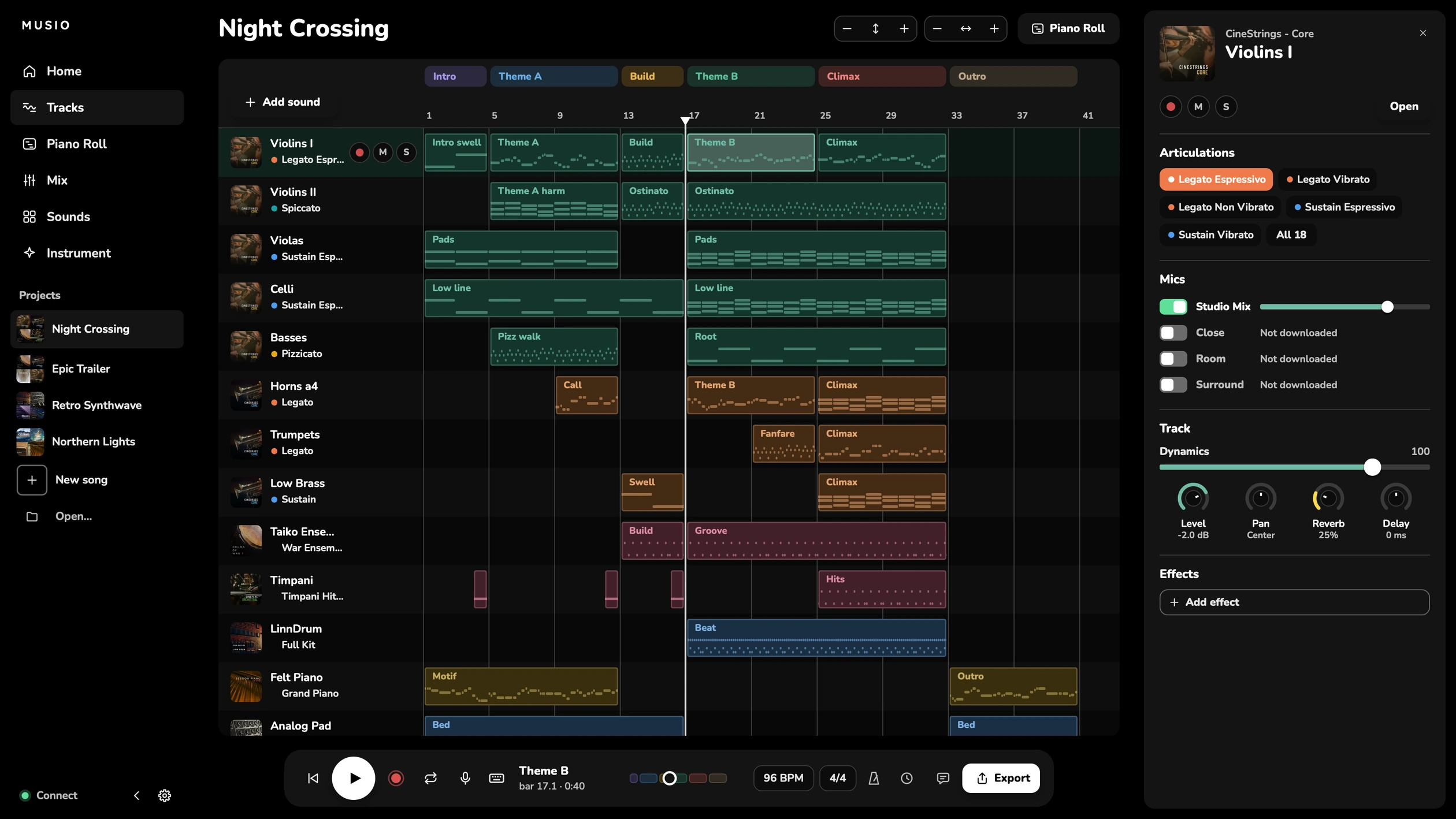 Musio Studio's Song view for Night Crossing, with Violins I's articulations, mics and track settings open beside the arrangement