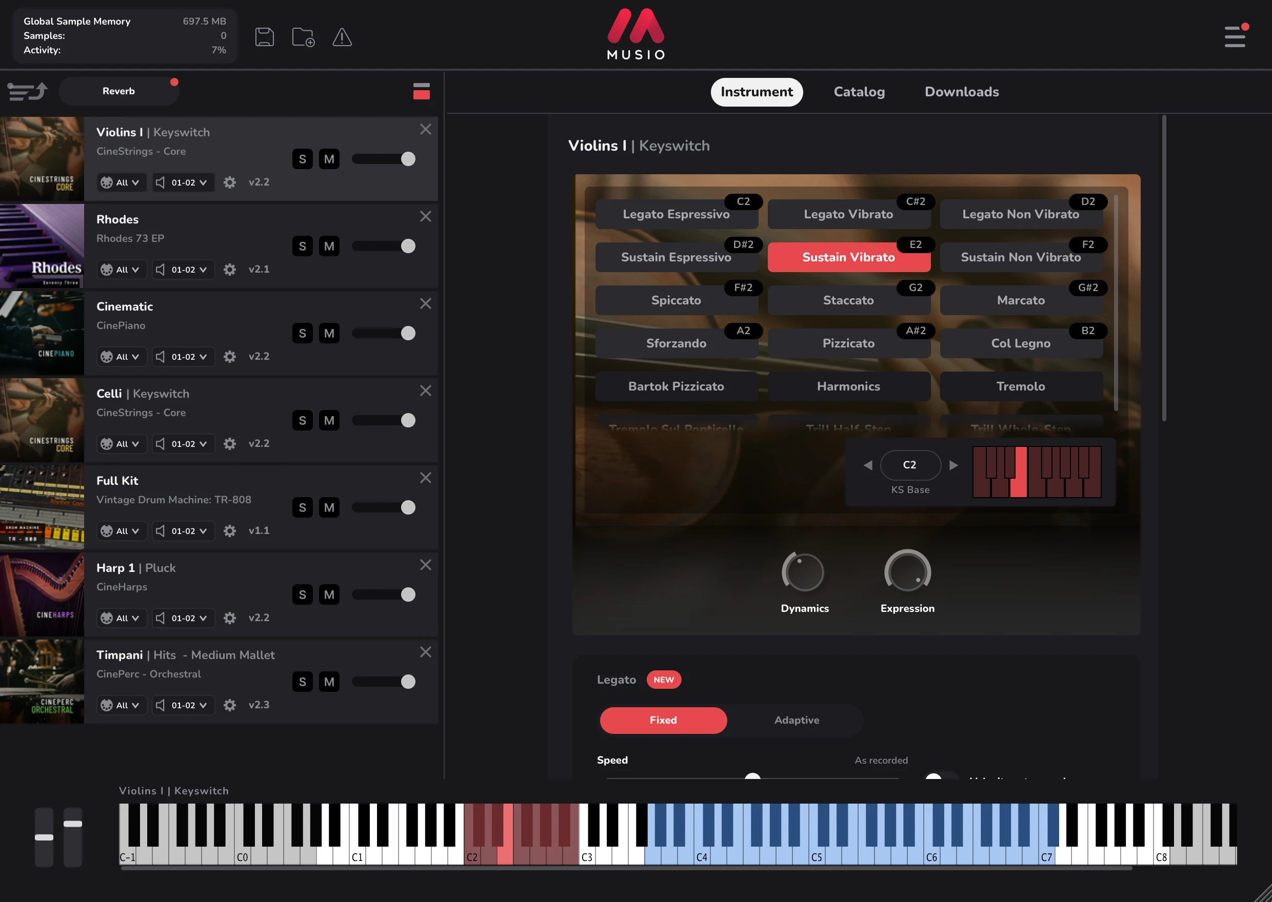 The Musio plugin in its new look: a rack of instruments, and Violins I from CineStrings with its articulations and legato settings