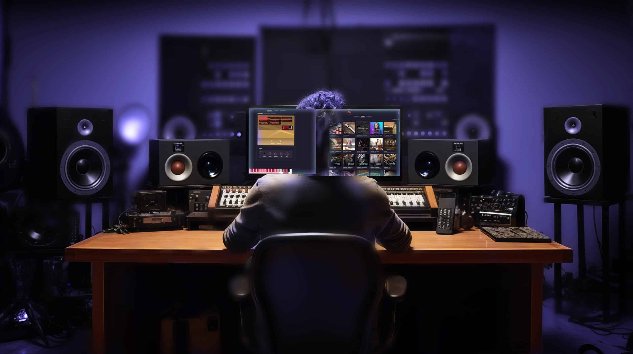 Music producer working with Musio software in a professional studio setup