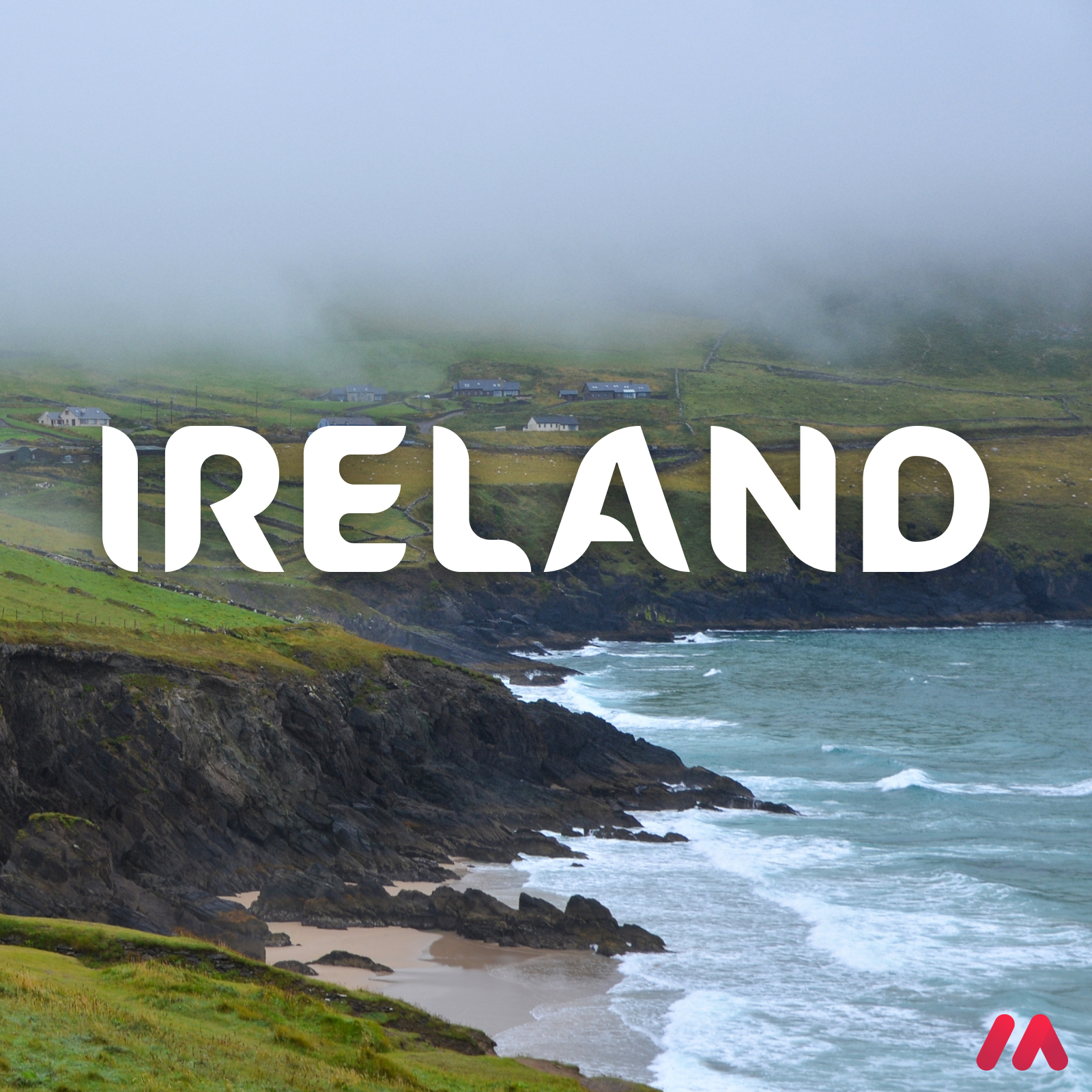 Coastal landscape in Ireland with rugged cliffs and misty hills in the background. The text 'Ireland' is prominently displayed in the foreground.